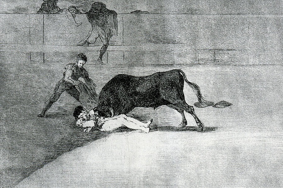 Francisco Goya, plate from the Tauromaquia etching series, bull and fallen figure