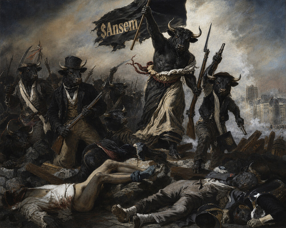 Liberty Leading the Bulls — a meme reimagining Eugène Delacroix's 1830 painting Liberty Leading the People, with bull-headed revolutionaries and a flag reading $Ansem