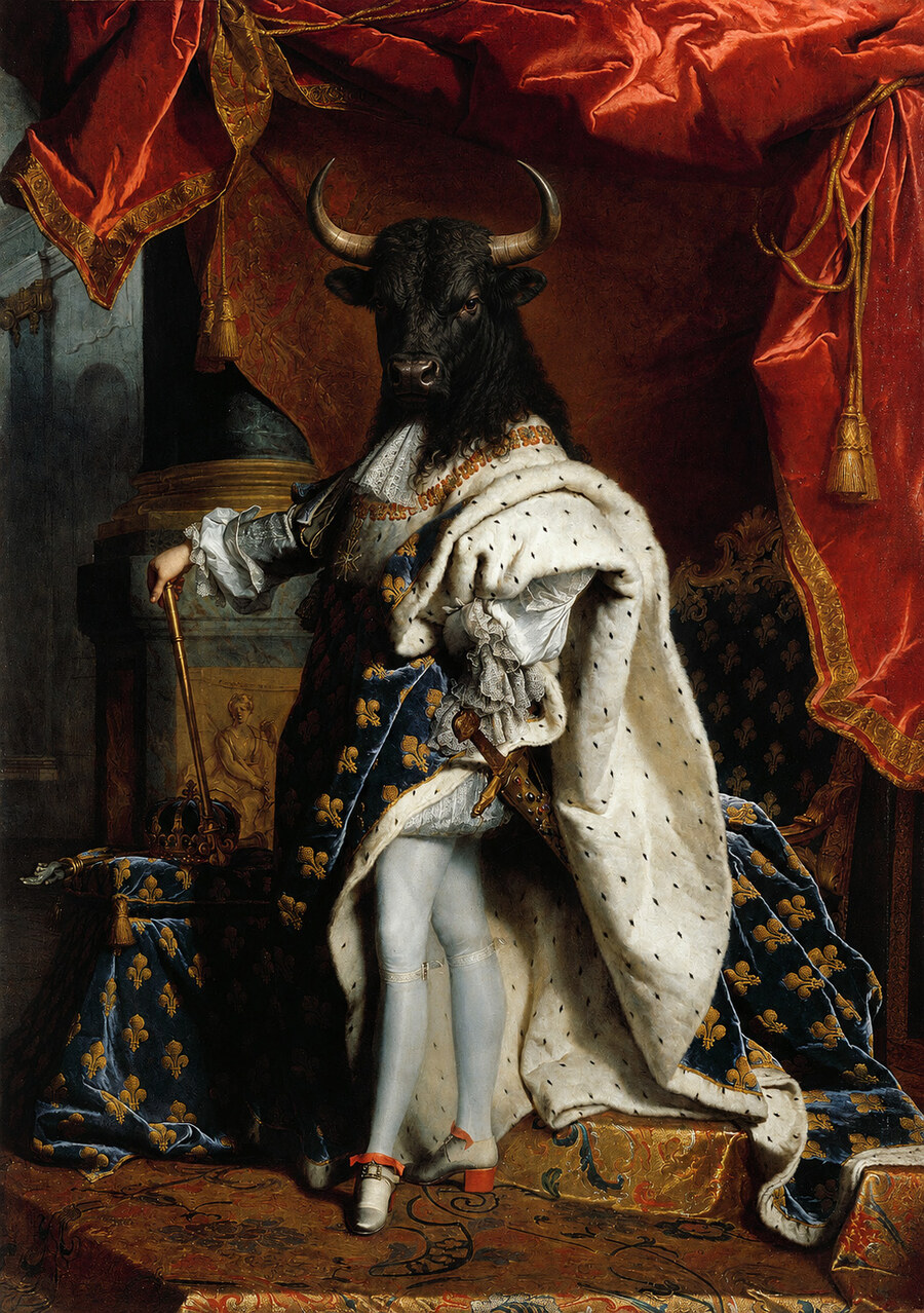 Le Roi Taureau — a meme reimagining Hyacinthe Rigaud's 1701 coronation portrait of Louis XIV with a bull's head