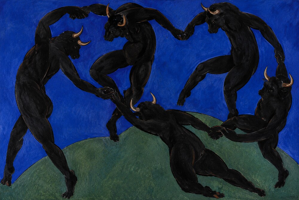A meme reimagining Henri Matisse's Dance with bull figures replacing the dancers