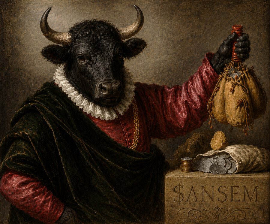 A meme in the style of Dutch Golden Age merchant portraiture, depicting a bull merchant holding money bags beside a pedestal inscribed $ANSEM