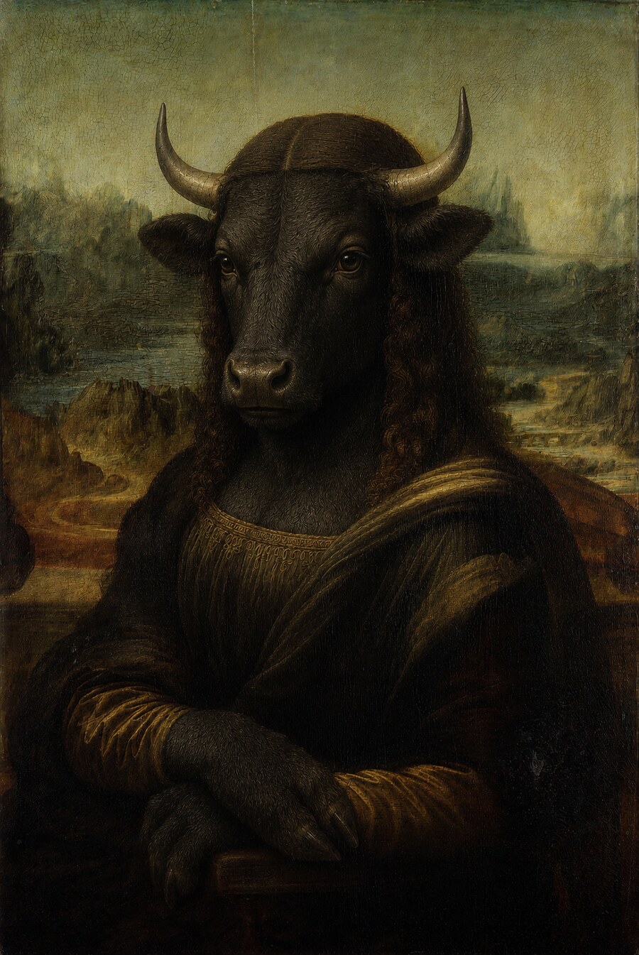 A meme reimagining Leonardo da Vinci's Mona Lisa with a bull's head