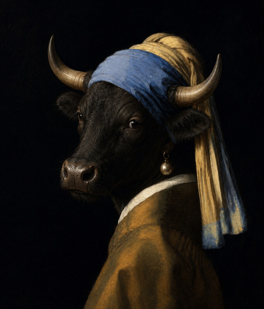 A meme reimagining Johannes Vermeer's Girl with a Pearl Earring with a bull's head
