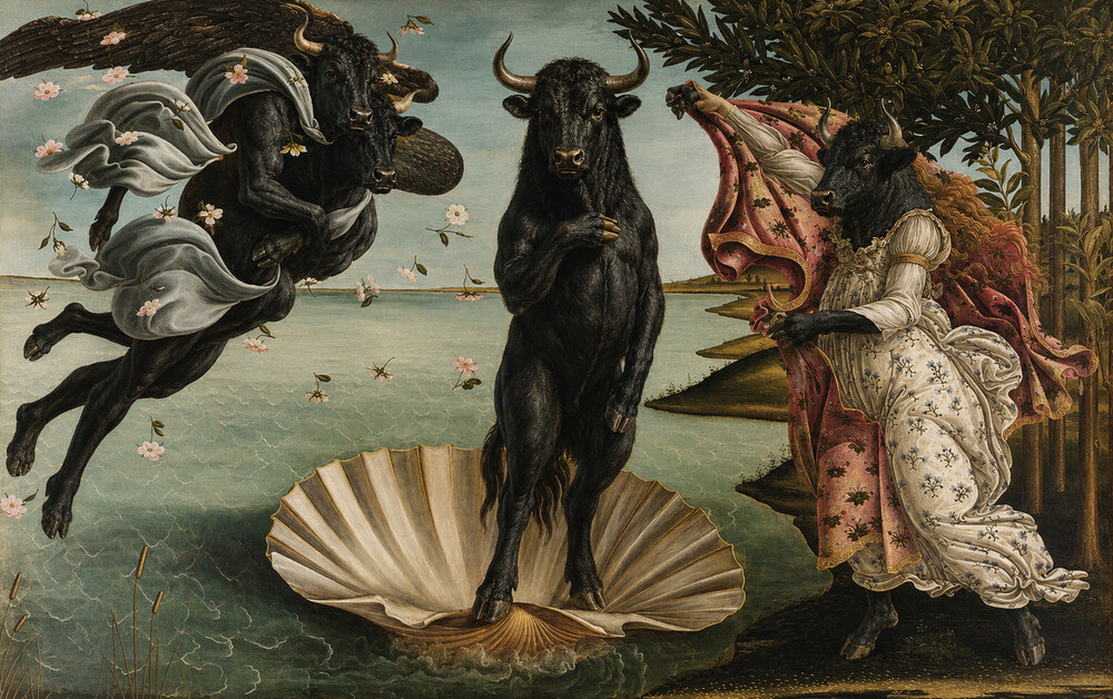 A meme reimagining Sandro Botticelli's The Birth of Venus, with bull figures replacing Venus and the attendant figures